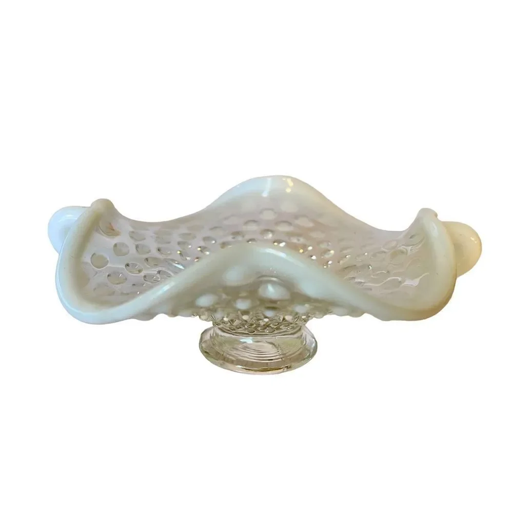 Vintage FENTON Art Glass Handles French Moonstone Opalescent Hobnail CANDY DISH